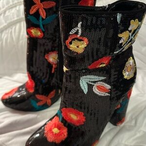 Black Sequin Floral Embroidered Block Heel Ankle Boots Women US 5.5 EU 36 UK 3.5